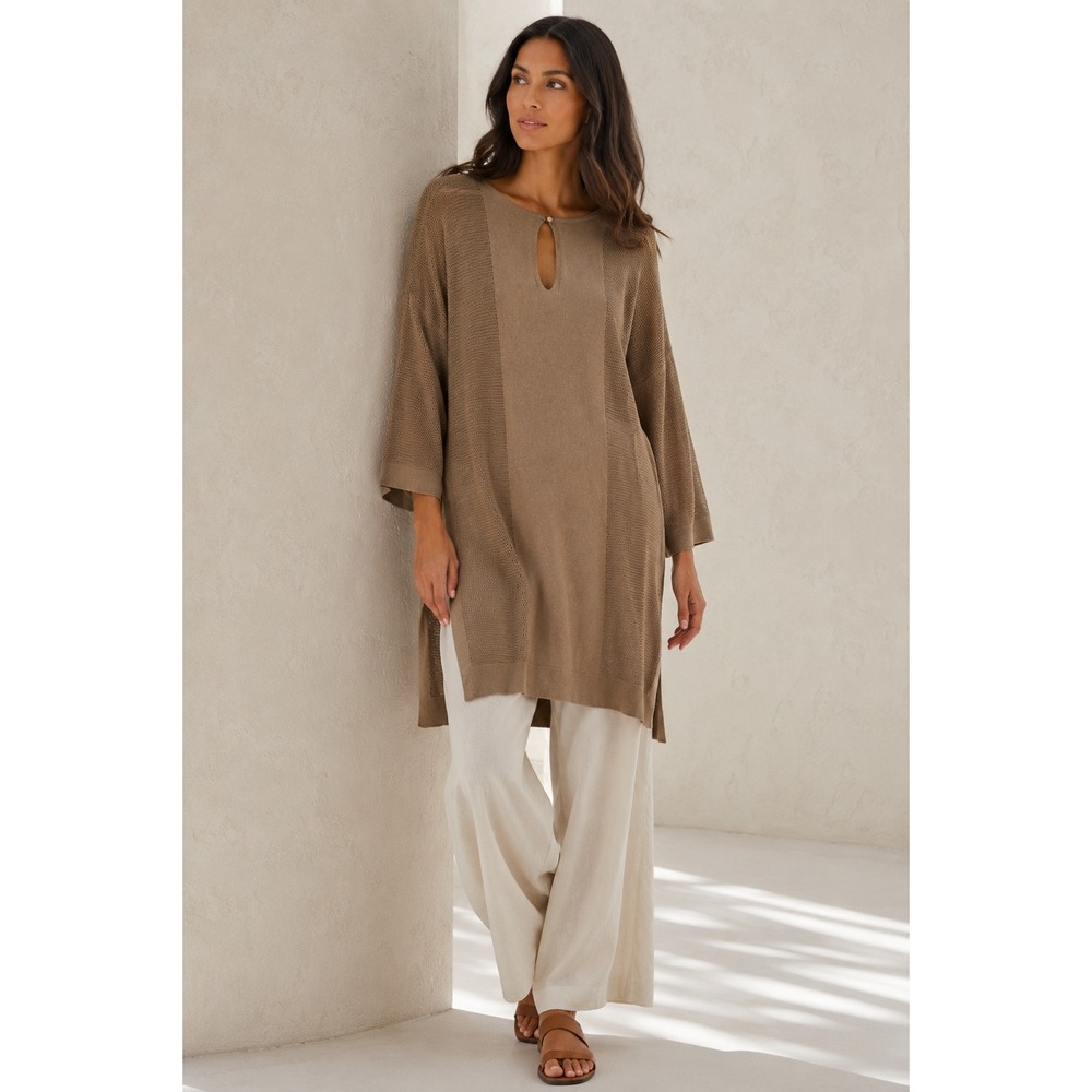 NWT Peruvian Connection Brown Open Knit Pima Cotton Long Tunic Sweater L Boho